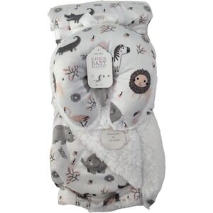 Sleep Tight White Safari Animals Plush Blanket Neck Pillow Set Sherpa Elephant